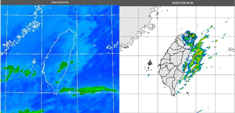 圖：今(28日)晨4時紅外線色調強化雲圖(左圖)顯示，東北季風受地形舉升形成的層狀雲，覆蓋北台灣及部分東半部海面上。4時雷達回波合成圖(右圖)顯示，陸地上的滯留性回波，大部分強度偏弱，東半部海面上的回波較強。