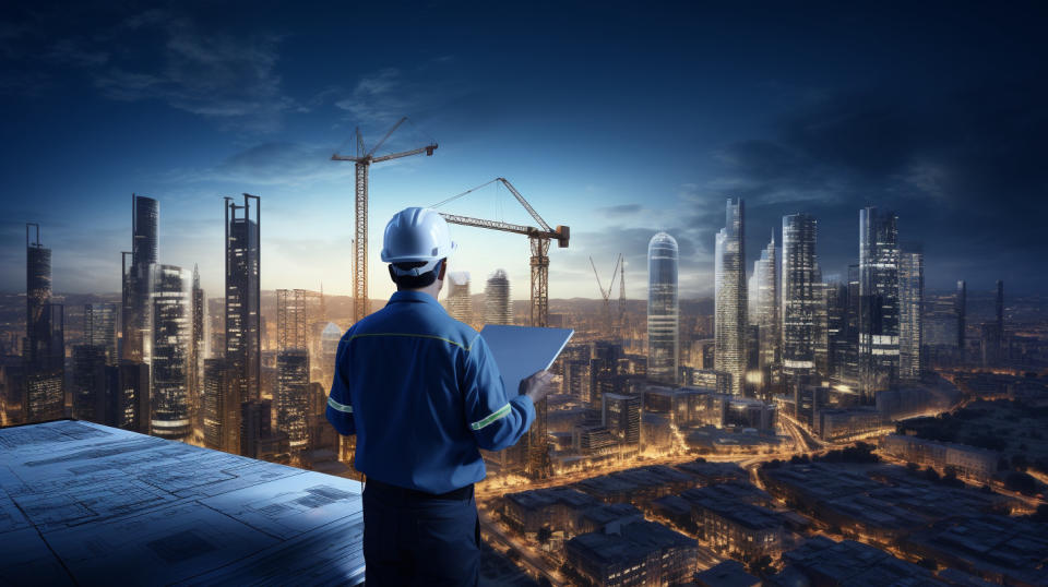 An engineer studying the blueprints of a large mechanical construction near a busy city skyline.