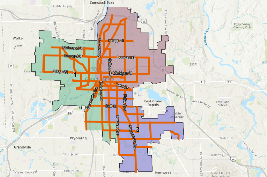 A map shows the streets where the city of Grand Rapids shovels sidewalks after a snowfall. (Courtesy city of Grand Rapids)