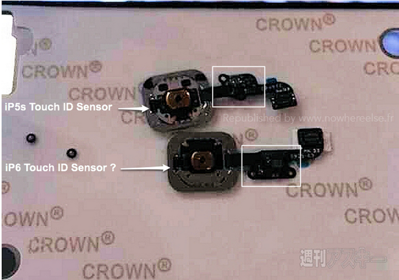 <b>In fact, this may be the fingerprint sensor for the iPhone 6.</b> French blog Nowhereelse.fr claims to have obtained these Touch ID components for the iPhone 6. Rumors also suggest that Apple may be tweaking the home button to feel more durable.