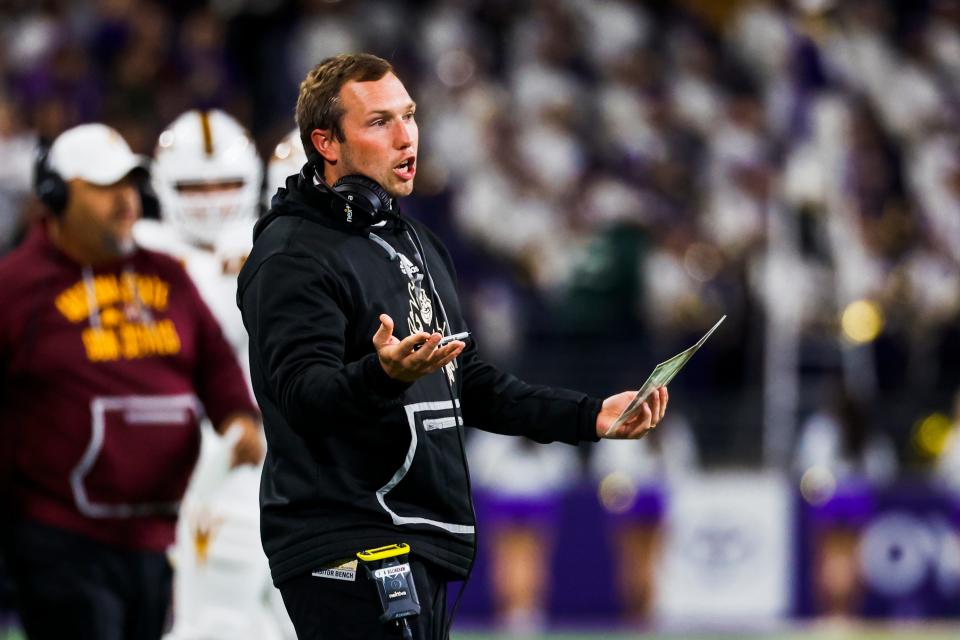 Arizona State Sun Devils head coach Kenny Dillingham reacts to a play against the Washington Huskies during the first quarter at Alaska Airlines Field at Husky Stadium in Seattle on Oct. 21, 2023.