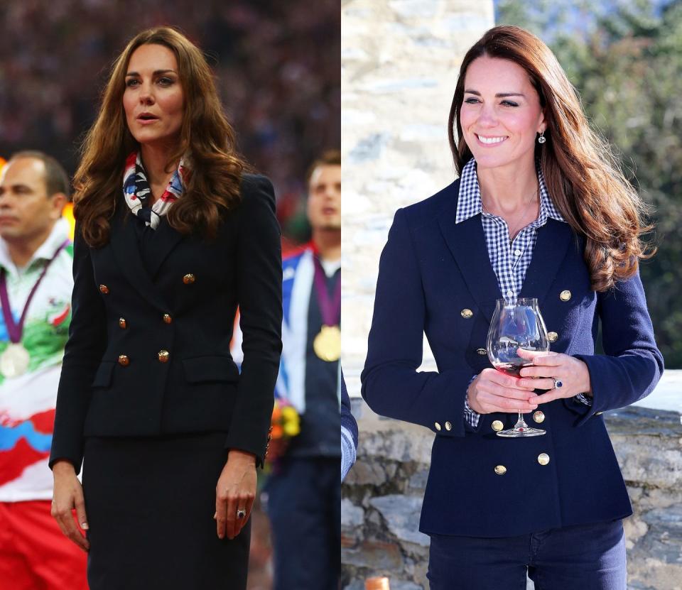 <p> Kate debuted this classic navy Zara blazer at the 2012 Paralympics, bringing it back in April 2014 for an official trip to New Zealand. </p>