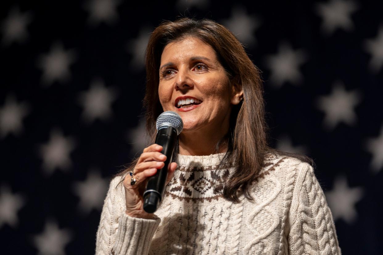 Republican presidential candidate Nikki Haley speaks at a rally at Exeter High School in Exeter, N.H. on Jan 21, 2024, during preparations for the New Hampshire presidential primary