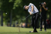Joaquin Niemann, of Chile, hits from the first fairway during the final round of the Memorial golf tournament Sunday, June 5, 2022, in Dublin, Ohio. (AP Photo/Darron Cummings)