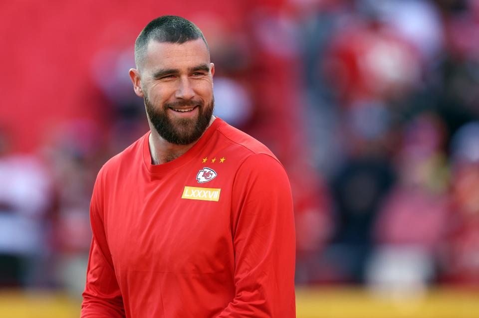 Tight end Travis Kelce #87 of the Kansas City Chiefs warms up prior to the game between the Buffalo Bills and the Kansas City Chiefs at GEHA Field at Arrowhead Stadium on December 10, 2023 in Kansas City, Missouri.