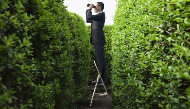 Asian businessman peering over hedge with binoculars