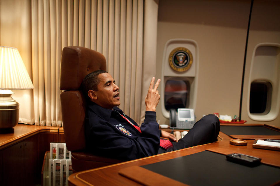 Obama wears a Air Force One&nbsp;jacket on his first flight aboard the plane&nbsp;from Andrews Air Force Base to Newport News, Virginia, on Feb. 5. 2009.