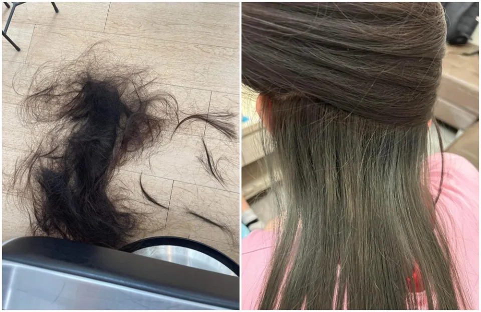 國中生媽媽貼出女兒染髮前（左圖）與染髮後（右圖）照片，質疑髮廊收9,800元是怎麼算的？（翻攝「爆怨公社」臉書社團）