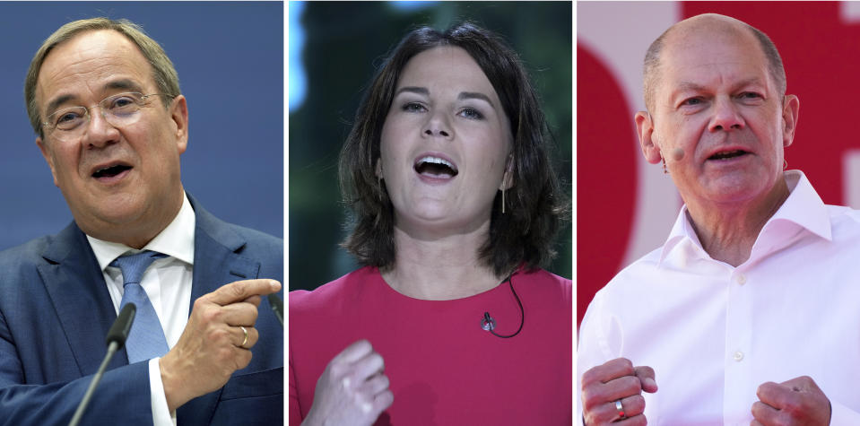 FILE - A combo images all taken in 2021 shows the chancellor top candidates, Olaf Scholz of the Social Democrats, Anna-Lena Baerbock of the Greens and Armin Laschet of the Christian Democrats, from right, during different election campaigns in Germany. German voters elect a new parliament on Sunday, Sept. 26, 2021, a vote that will determine who succeeds Chancellor Angela Merkel after her 16 years in power. Germany's election campaign has largely focused on the three candidates hoping to succeed Angela Merkel as chancellor after four terms in office, Annalena Baerbock for the Greens, Armin Laschet for the Christian Union parties and Olaf Scholz for the Social Democrats. German elections will be on Sept.26. (AP Photo/Markus Schreiber, Michael Sohn, File)