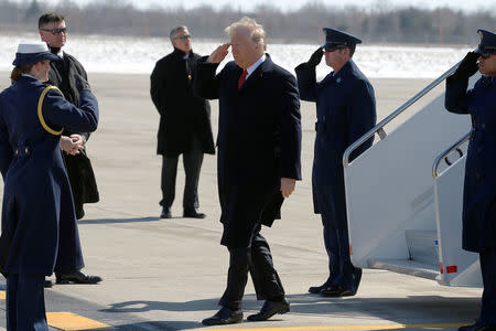 U.S. President Donald Trump arrives aboard Air Force One at Detroit Metropolitan Wayne County Airport in Detroit, Michigan, U.S., March 15, 2017. REUTERS/Jonathan Ernst