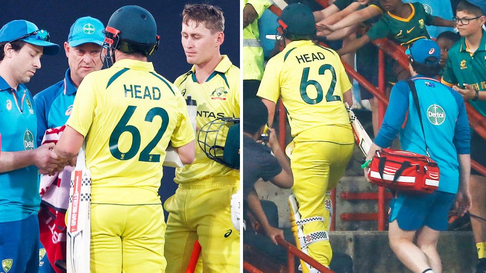 Travis Head, pictured here after breaking his hand in the fourth ODI against South Africa.