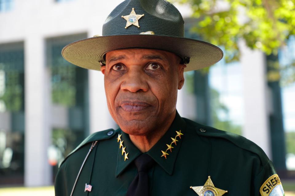 Leon County Sheriff Walt McNeil answers questions after a news conference where he laid out the "ALLin LEON" four-point plan to reduce crime in the county in front of the courthouse Tuesday, May 14, 2019. 