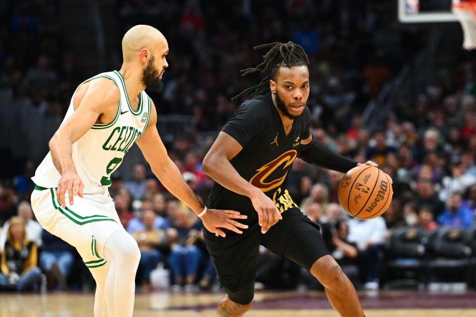 CLEVELAND, OHIO - MARCH 05: Derrick White #9 of the Boston Celtics guards Darius Garland #10 of the Cleveland Cavaliers during the third quarter at Rocket Mortgage Fieldhouse on March 05, 2024 in Cleveland, Ohio. The Cavaliers defeated the Celtics 105-104. NOTE TO USER: User expressly acknowledges and agrees that, by downloading and or using this photograph, User is consenting to the terms and conditions of the Getty Images License Agreement. (Photo by Jason Miller/Getty Images)