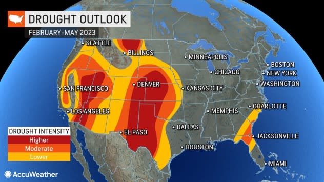 A drought map of the United States from February through May by AccuWeather.