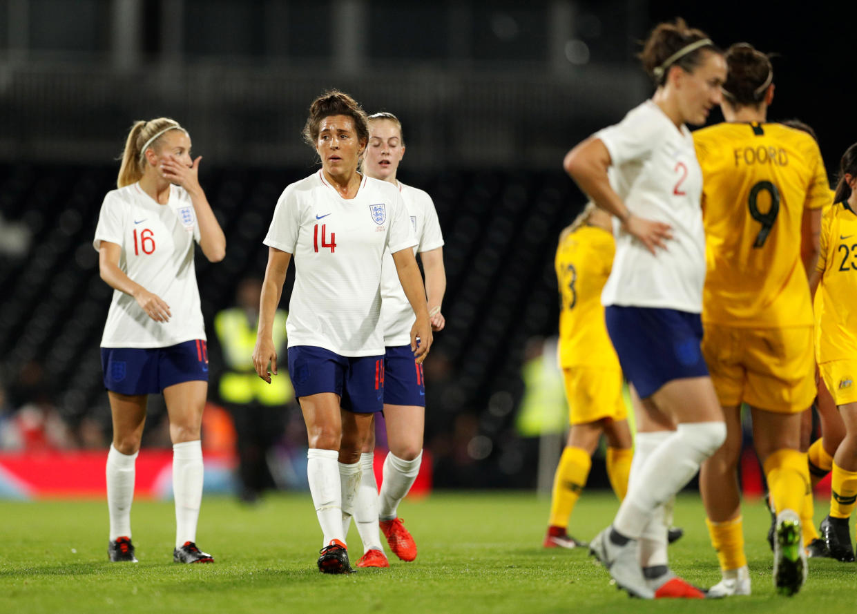 England's Fara Williams with team mates in 2018  Action Images via Reuters/John Sibley
