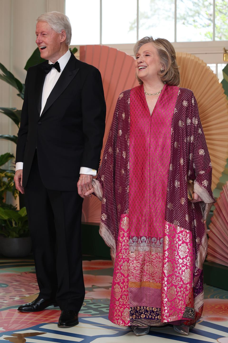 Former President Bill Clinton and Former U.S. Secretary of State Hillary Clinton arrive at the White House for a state dinner on April 10, 2024 in Washington, DC.