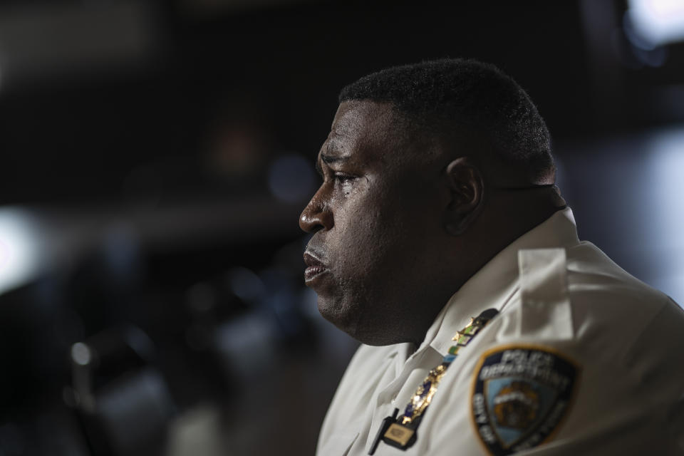 FILE - In this June 11, 2020, file photo Assistant Chief Jeff Maddrey, is photographed outside the Brooklyn North Patrol Borough in the Brooklyn borough of New York. “You know, being a Black man, being a police officer and which I’m proud of being, both very proud — I understand what the community’s coming from,” said Maddrey, an NYPD chief in Brooklyn and one of many officers who took a knee during protests. (AP Photo/Wong Maye-E, File)