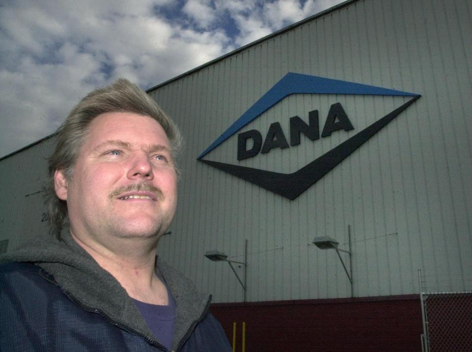 Matthew Sidun is shown outside Dana Corp. in Erie in this November 2001 file photo.  Sidun lost his job as a machine operator at Erie Malleable Iron after the plant shut down in 2001, and later went on to work at Dana Corp.