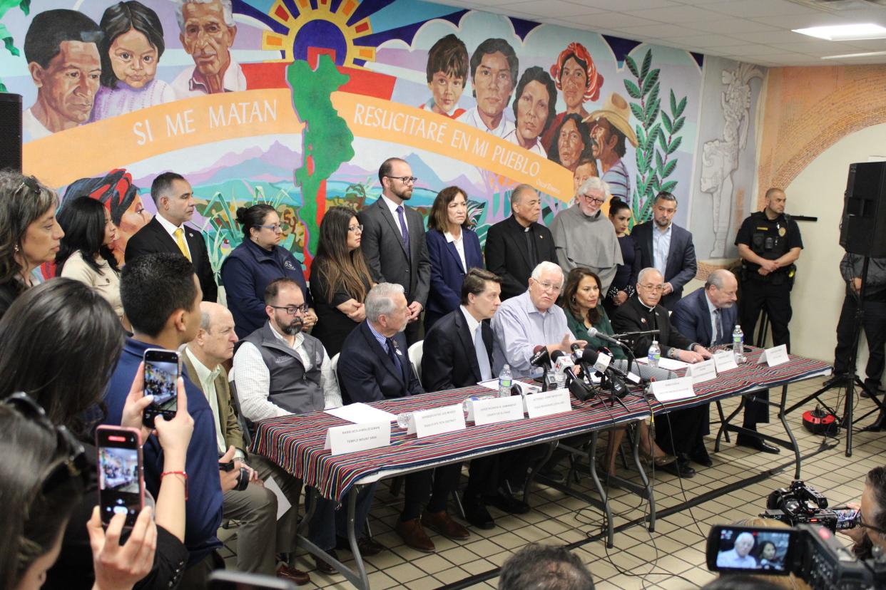 A bevy of local leaders took part in a news conference Friday, Feb. 23, 2024, at Casa Vides to denounce the lawsuit filed by Texas Attorney General Ken Paxton against El Paso-based Catholic nonprofit Annunciation House.