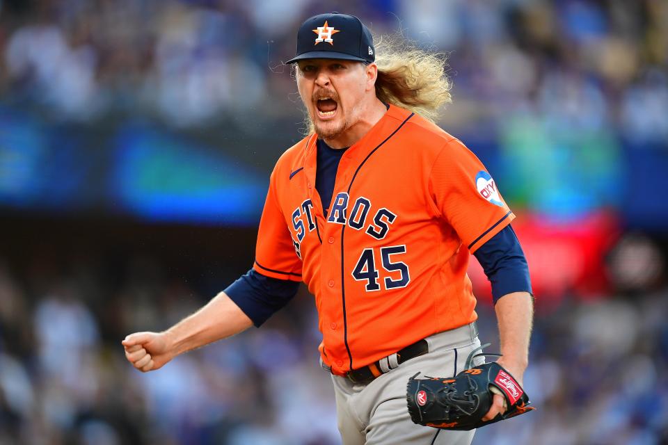 Houston Astros relief pitcher Ryne Stanek reacts after being issued a balk during Saturday's collapse against the Los Angeles Dodgers.