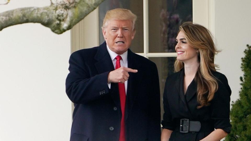 PHOTO: President Donald Trump points to former communications director Hope Hicks shortly before making his way to board Marine One on the South Lawn and departing from the White House in Washington, DC on March 29, 2018.  (Mandel Ngan/AFP via Getty Images, FILE)