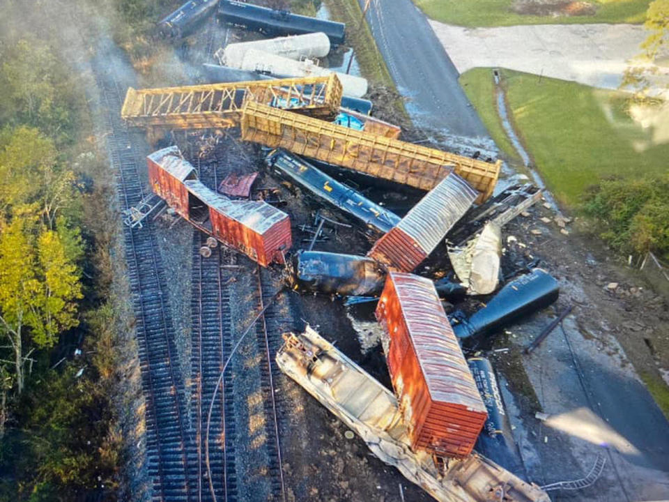 An aerial image from a drone shows train cars scattered over tracks after a derailment in Mauriceville, Texas, on October 29, 2020. / Credit: Orange County Sheriff's Office