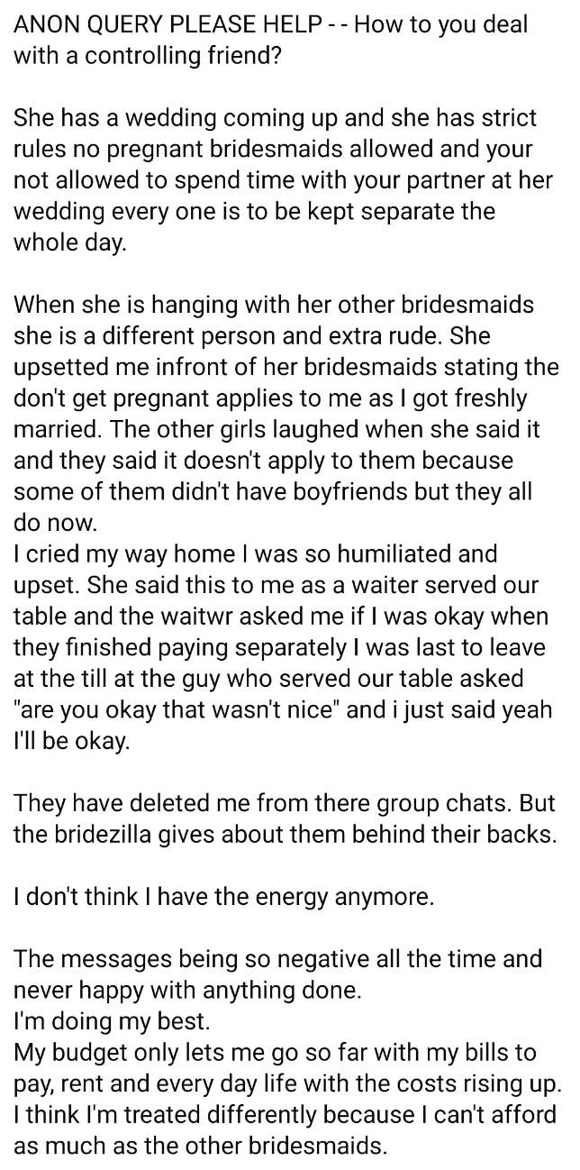 bridesmaid saying she's being bullied