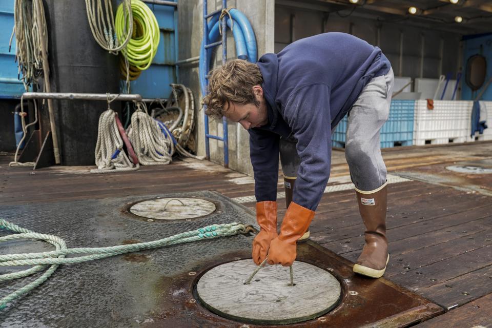 Sam Stern, a deckhand on the Big Blue, places a cover on the boat's deck after delivering salmon at a cannery, Sunday, June 25, 2023, in Kodiak, Alaska. Stern, a deckhand on the Big Blue, plans to pursue a career in marine engineering and worked this season to both make money for school and to earn hours at sea for eventual licensing he'll need for that job. (AP Photo/Joshua A. Bickel)