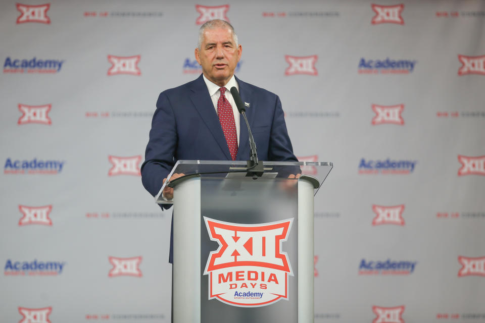 ARLINGTON, TX - JULY 14: Big 12 Commissioner Bob Bowlsby speaks to the press during the Big 12 Conference football media days on July 14, 2021 at AT&T Stadium in Arlington, TX. (Photo by George Walker/Icon Sportswire via Getty Images)