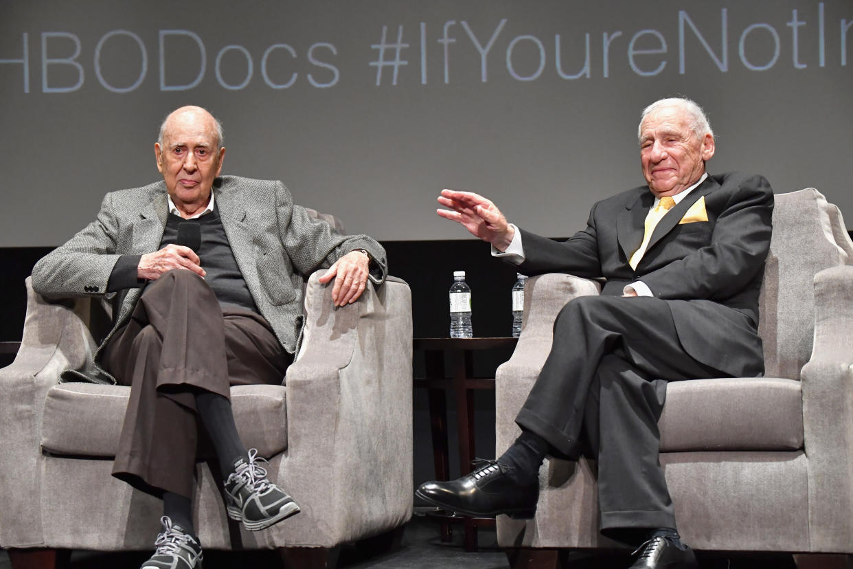 BEVERLY HILLS, CA - MAY 17:  Carl Reiner and Mel Brooks speak onstage at the LA Premiere of "If You're Not In The Obit, Eat Breakfast" from HBO Documentaries on May 17, 2017 in Beverly Hills, California.  (Photo by Jeff Kravitz/FilmMagic)