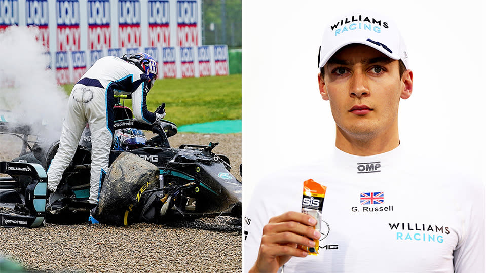 George Russell (pictured right) arguing with Valtteri Bottas after their collision (pictured left) and Russell eating a snack (pictured right).