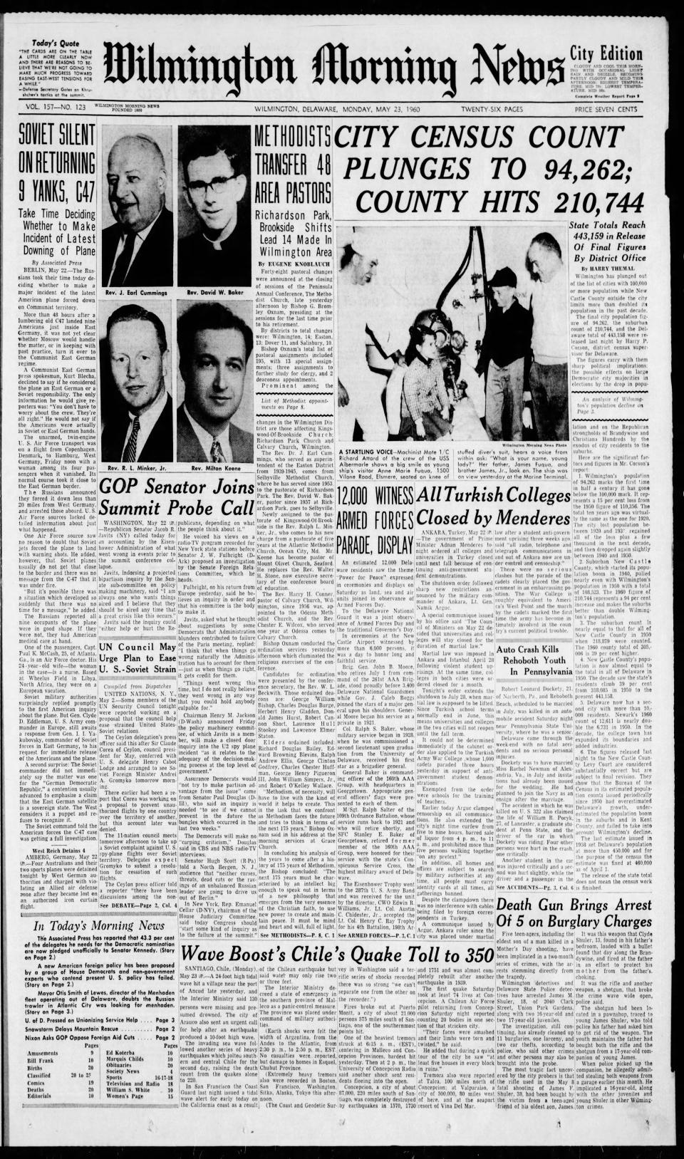 Front page of the Wilmington Morning News from May 23, 1960.