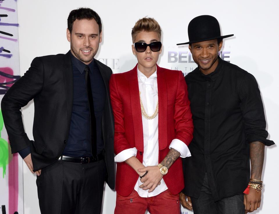 Scooter Braun, Justin Bieber and Usher arrive at the premiere of Open Road Films' 