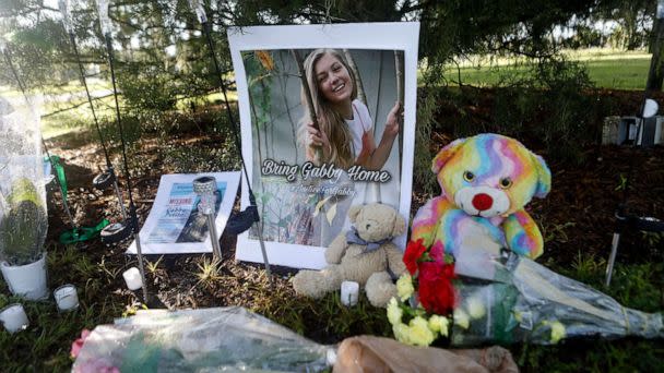 PHOTO: In this Sept. 20, 2021, file photo, a makeshift memorial dedicated to Gabby Petito is located near City Hall in North Port, Fla. (Octavio Jones/Getty Images, FILE)