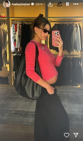 <p>Hailey Rhode Baldwin Bieber/Instagram</p> Pregnant Hailey Bieber shows off her baby bump in a selfie on June 7