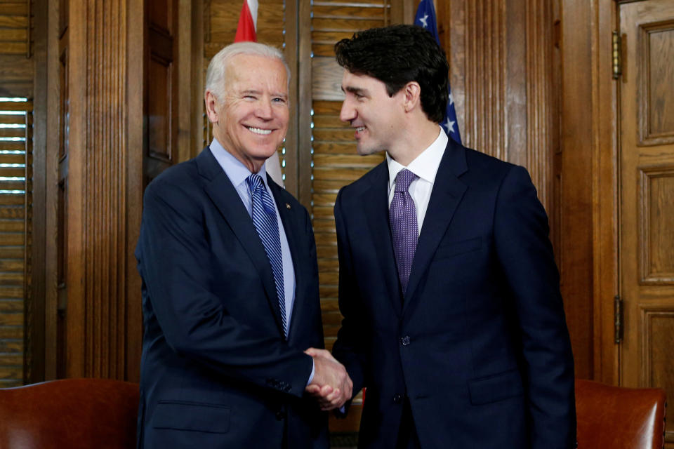 Image: Canada's prime minister, Justin Trudeau, shakes hands with then Vice President Joe Biden during a meeting in Trudeau's office on Parliament Hill in Ottawa, Ontario, Canada (Chris Wattie / Reuters file)