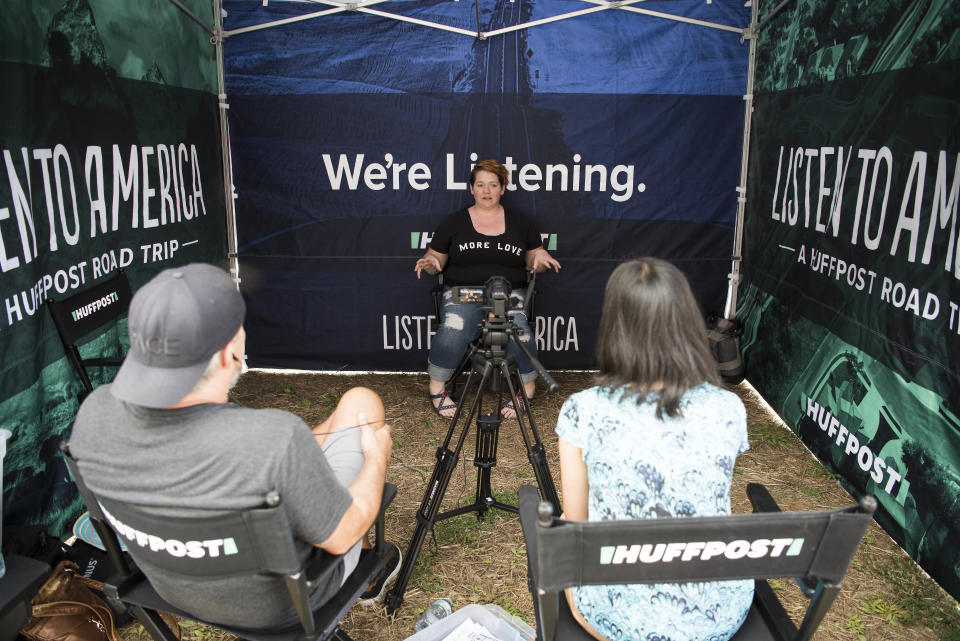 Ashlee Lafferty is interviewed by Michael Pace and Marina Fang during HuffPost's visit.