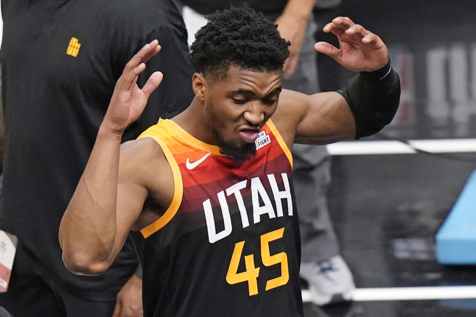 Utah Jazz guard Donovan Mitchell (45) walls off the court following the team's loss to the Los Angeles Clippers in Game 5 of a second-round NBA basketball playoff series Wednesday, June 16, 2021, in Salt Lake City. (AP Photo/Rick Bowmer)