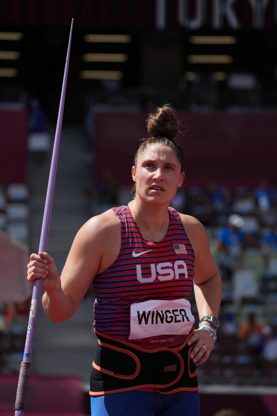 Kara Winger (USA) competes in the women's javelin throw qualification Aug. 3, 2021 inTokyo, Japan, during the Tokyo 2020 Summer Olympic Games at Olympic Stadium. Mandatory Credit: Kirby Lee-USA TODAY Sports.