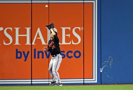 Oct 4, 2016; Toronto, Ontario, CAN; Baltimore Orioles left fielder Hyun Soo Kim (25) catches a fly ball as a fan throws object on the field during the seventh inning against the Toronto Blue Jays in the American League wild card playoff baseball game at Rogers Centre. Mandatory Credit: Nick Turchiaro-USA TODAY Sports