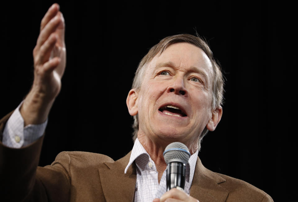 Democratic president candidate and former Colorado Gov. John Hickenlooper speaks at a Service Employees International Union forum on labor issues, Saturday, April 27, 2019, in Las Vegas. (AP Photo/John Locher)