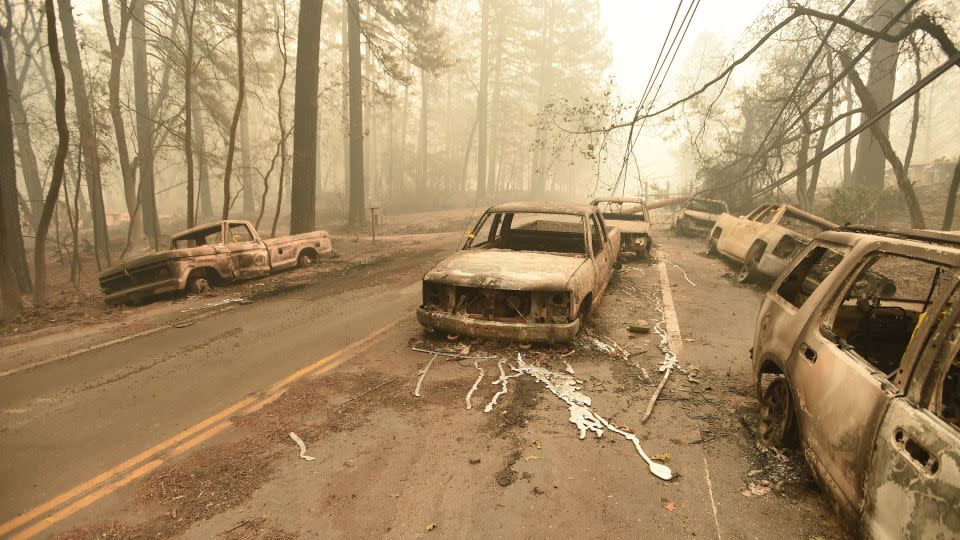 Burned vehicles on the road in Paradise, California, after the Camp Fire tore through the area on November 10, 2018. - Josh Edelson/AFP/Getty Images