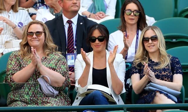 Meghan watching Serena Williams at Wimbledon with Genevieve Hillis, left, and Lindsay Roth