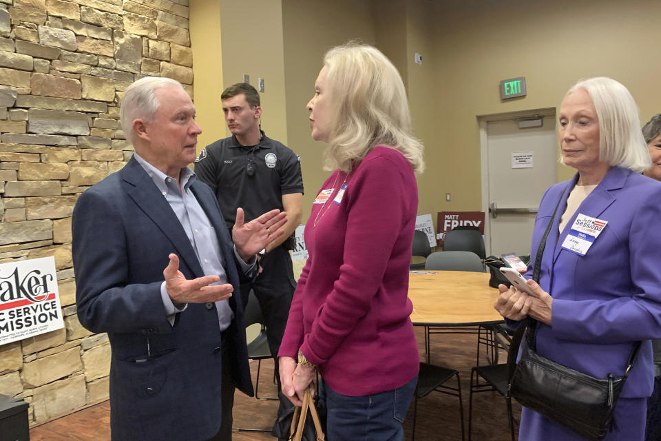 In this Jan. 11, 2020 photo, former U.S. Attorney General Jeff Sessions speaks to supporters at the Mid Alabama Republican Club in Vestavia Hills, Ala.. Sessions is stressing his loyalty to President Donald Trump as he seeks to regain the Alabama Senate seat he held for 20 years. (AP Photo/Kim Chandler)