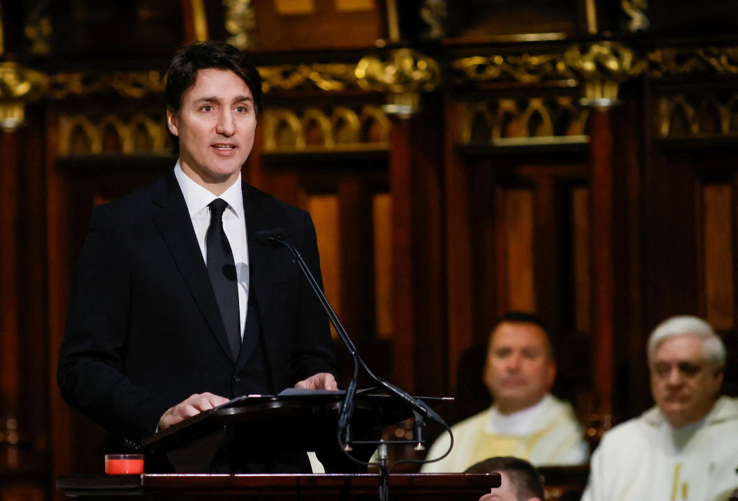 Canadian Prime Minister Justin Trudeau speaks during a state funeral of late former Canadian Prime Minister Brian Mulroney, who died on February 29 at the age of 84, at the Notre-Dame Basilica of Montreal, Quebec, Canada March 23, 2024. REUTERS/Blair Gable/Pool