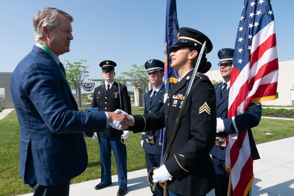 U.S. Sen. Roger Marshall, seen shaking hands with Sgt. Leslie Tena-Diaz at the NBAF ribbon-cutting in Manhattan, was the only no vote in the Senate on the confirmations of two top military officials earlier this month.