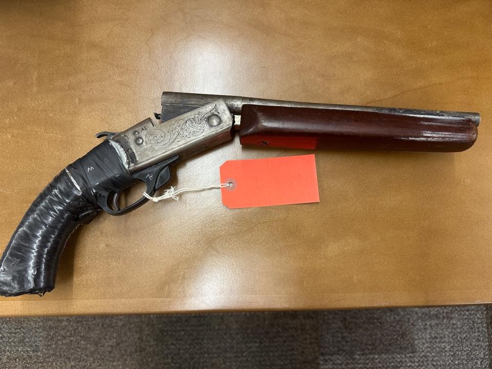 A sawed off shotgun found by police in Joedin Leger's home that has been entered as an exhibit in the trial of Riley Phillips.