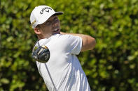 Sam Burns watches his drive on the first tee during the first day of the Sanderson Farms Championship golf tournament in Jackson, Miss., Thursday, Sept. 29, 2022. Burns is the defending champion. (AP Photo/Rogelio V. Solis)