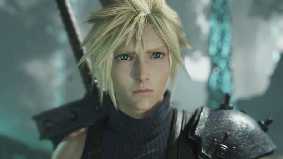 A close up of Cloud where he looks stoic yet vulnerable