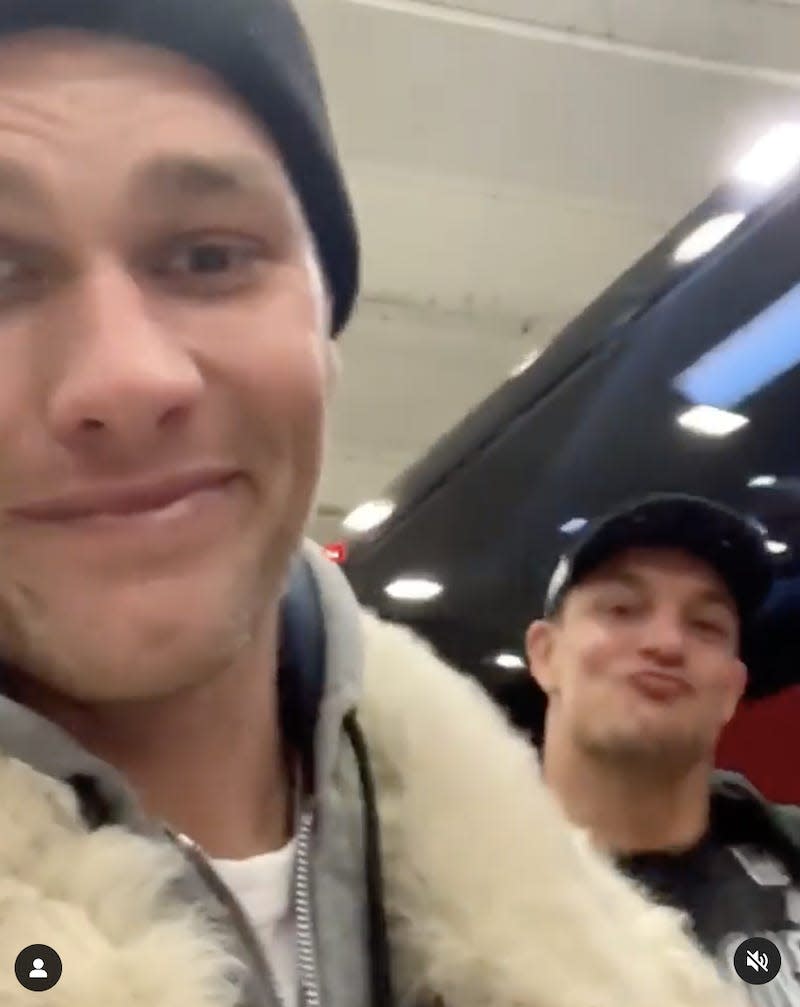 Screenshot shows Tom Brady and Rob Gronkowski smiling in an Instagram video.